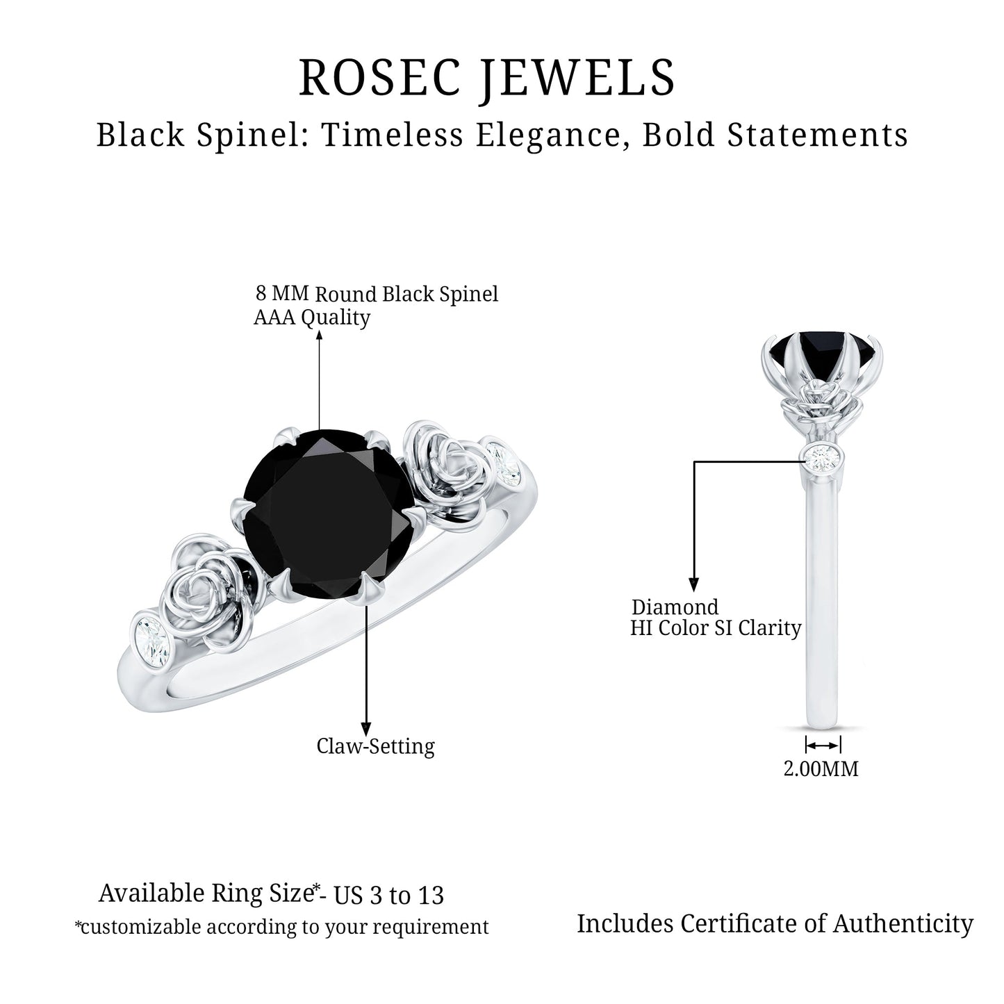 Natural Black Spinel Floral Engagement Ring with Diamond