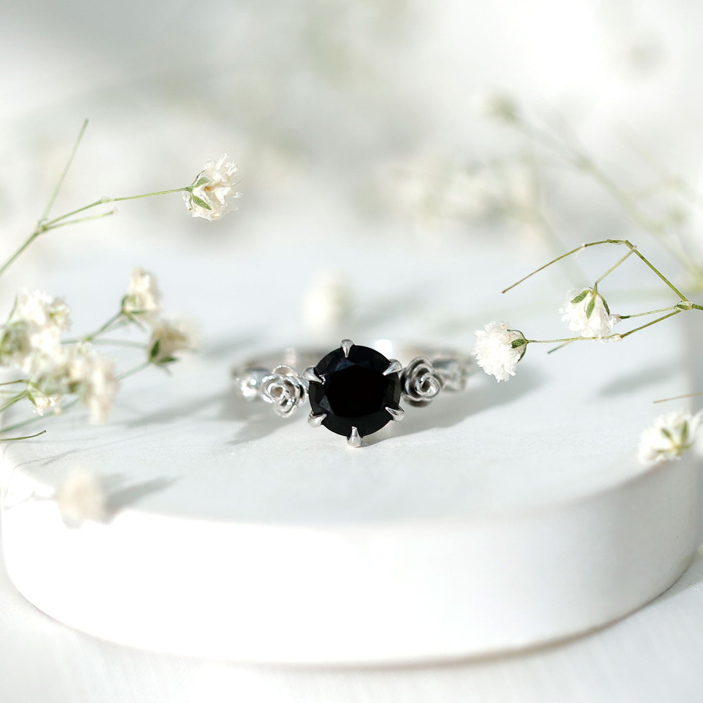 Natural Black Spinel Floral Engagement Ring with Diamond