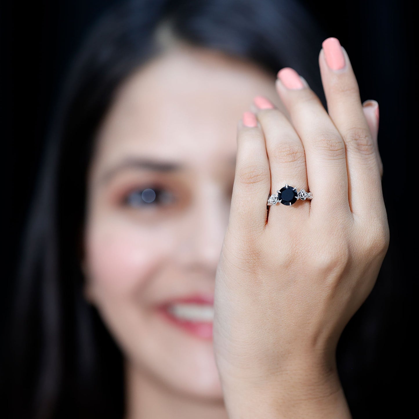Natural Black Spinel Floral Engagement Ring with Diamond