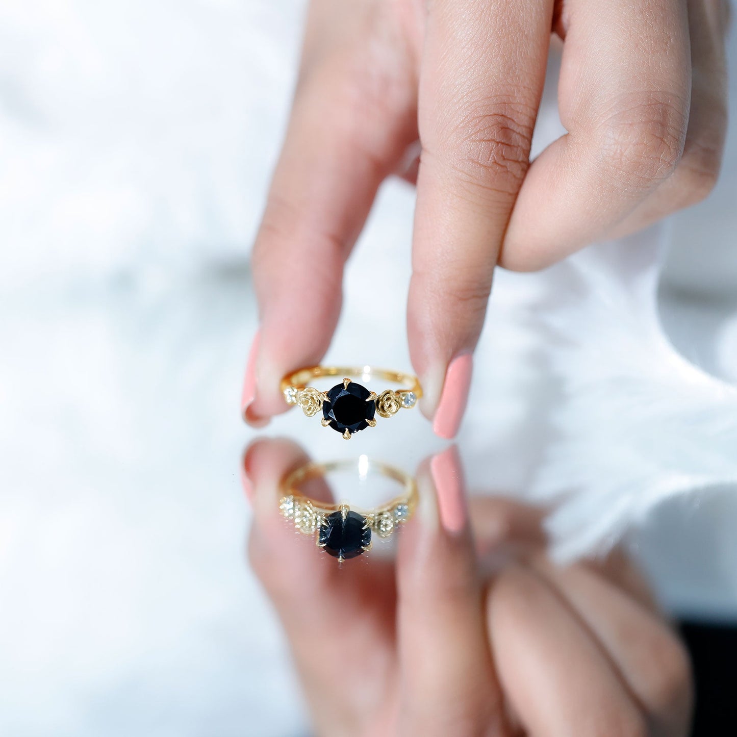 Natural Black Spinel Floral Engagement Ring with Diamond