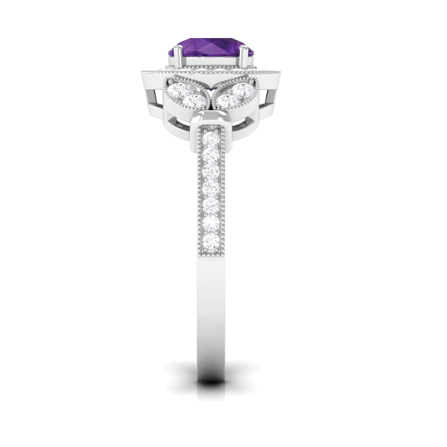 Vintage Looking Amethyst and Diamond Halo Engagement Ring