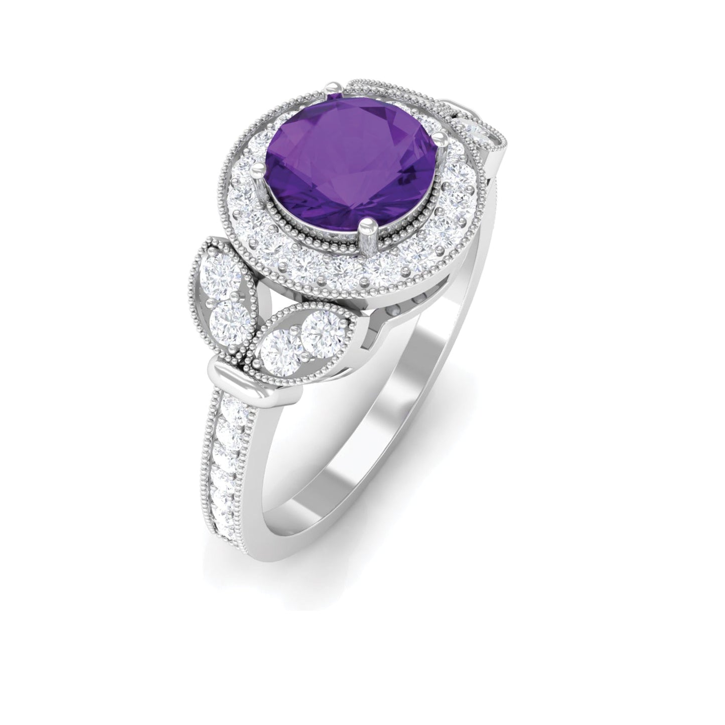 Vintage Looking Amethyst and Diamond Halo Engagement Ring