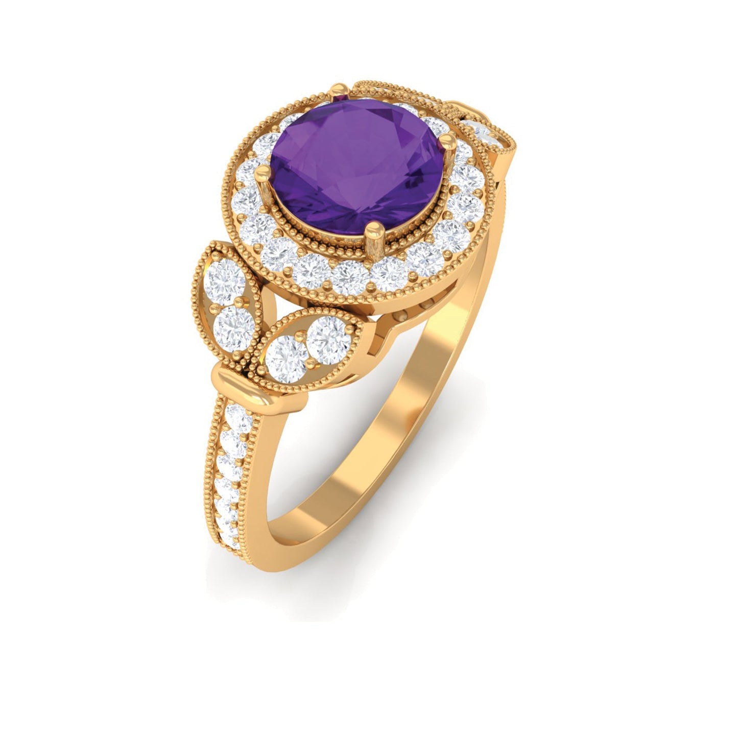Vintage Looking Amethyst and Diamond Halo Engagement Ring