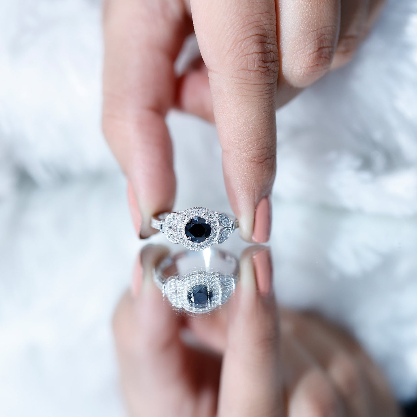Vintage Looking 1.3 Carat Lab Grown Black Diamond Engagement Ring with White Diamond