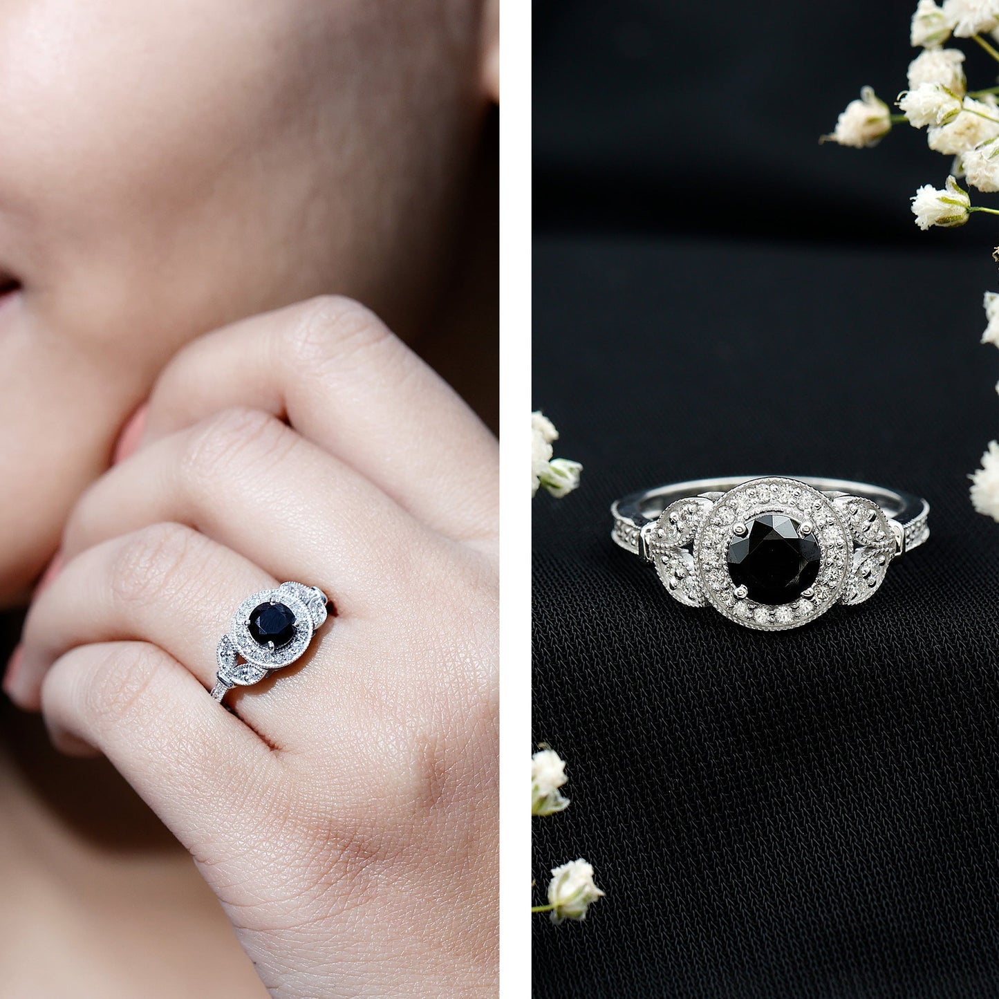 Vintage Looking 1.3 Carat Lab Grown Black Diamond Engagement Ring with White Diamond