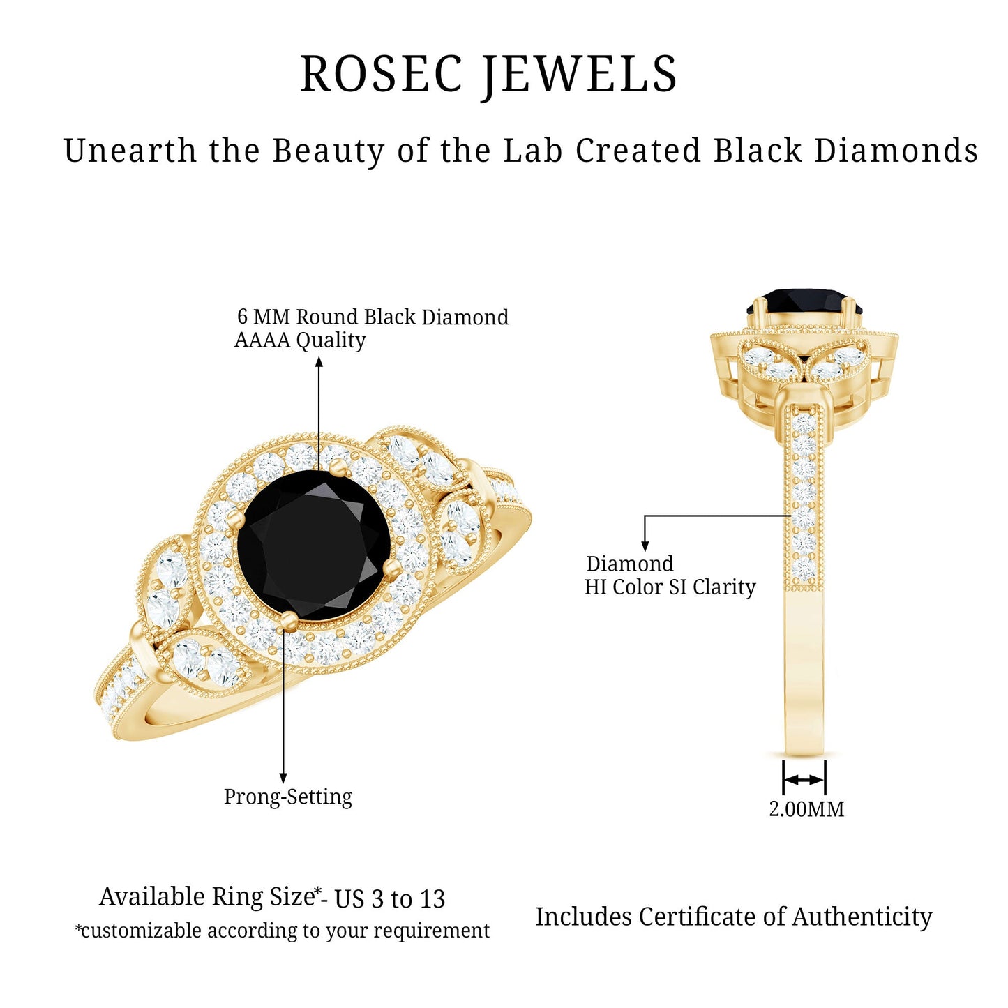 Vintage Looking 1.3 Carat Lab Grown Black Diamond Engagement Ring with White Diamond