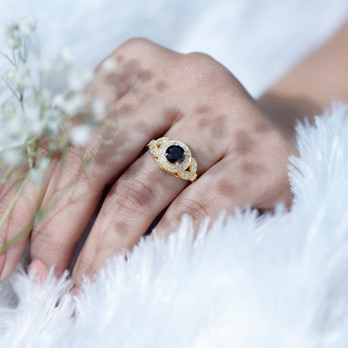 Vintage Looking 1.3 Carat Lab Grown Black Diamond Engagement Ring with White Diamond