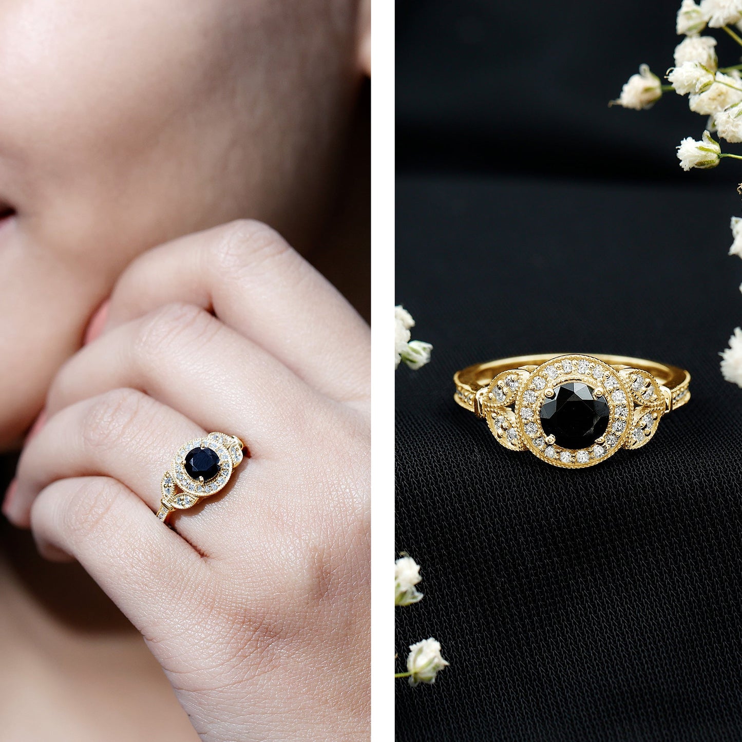 Vintage Looking 1.3 Carat Lab Grown Black Diamond Engagement Ring with White Diamond