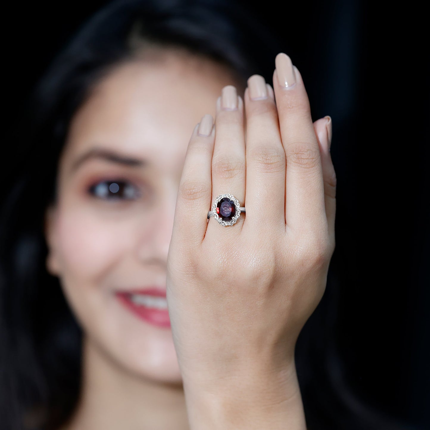 3.6 Natural Garnet Vintage Looking Engagement Ring with Diamond
