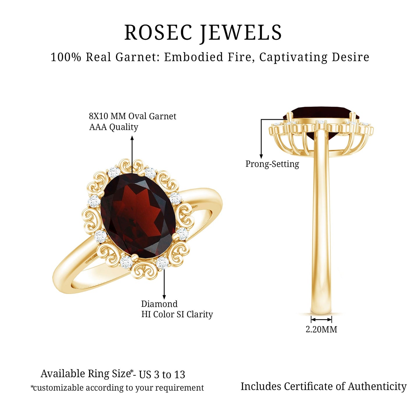 3.6 Natural Garnet Vintage Looking Engagement Ring with Diamond
