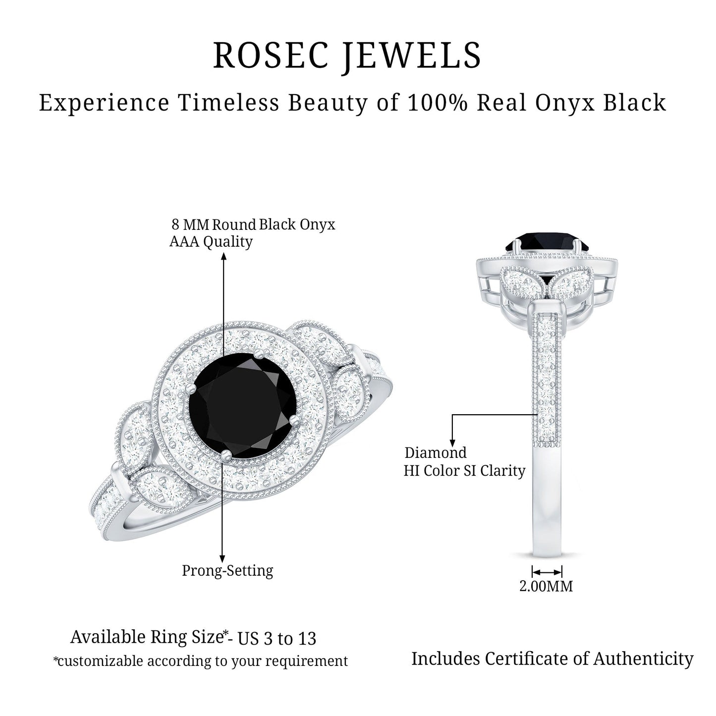 2 Carat Round Black Onyx Vintage Engagement Ring with Diamond Halo