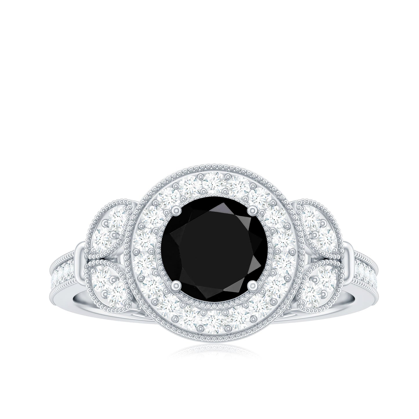 2 Carat Round Black Onyx Vintage Engagement Ring with Diamond Halo