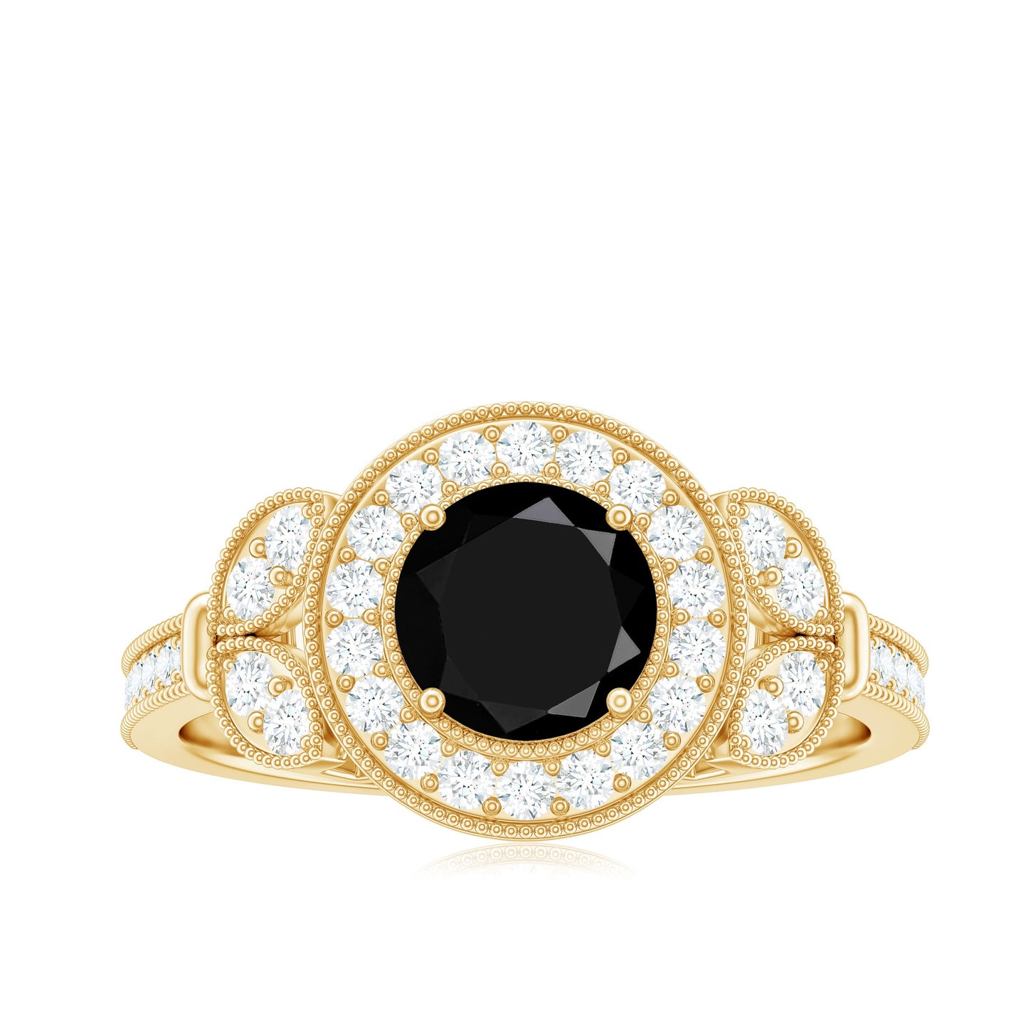 2 Carat Round Black Onyx Vintage Engagement Ring with Diamond Halo