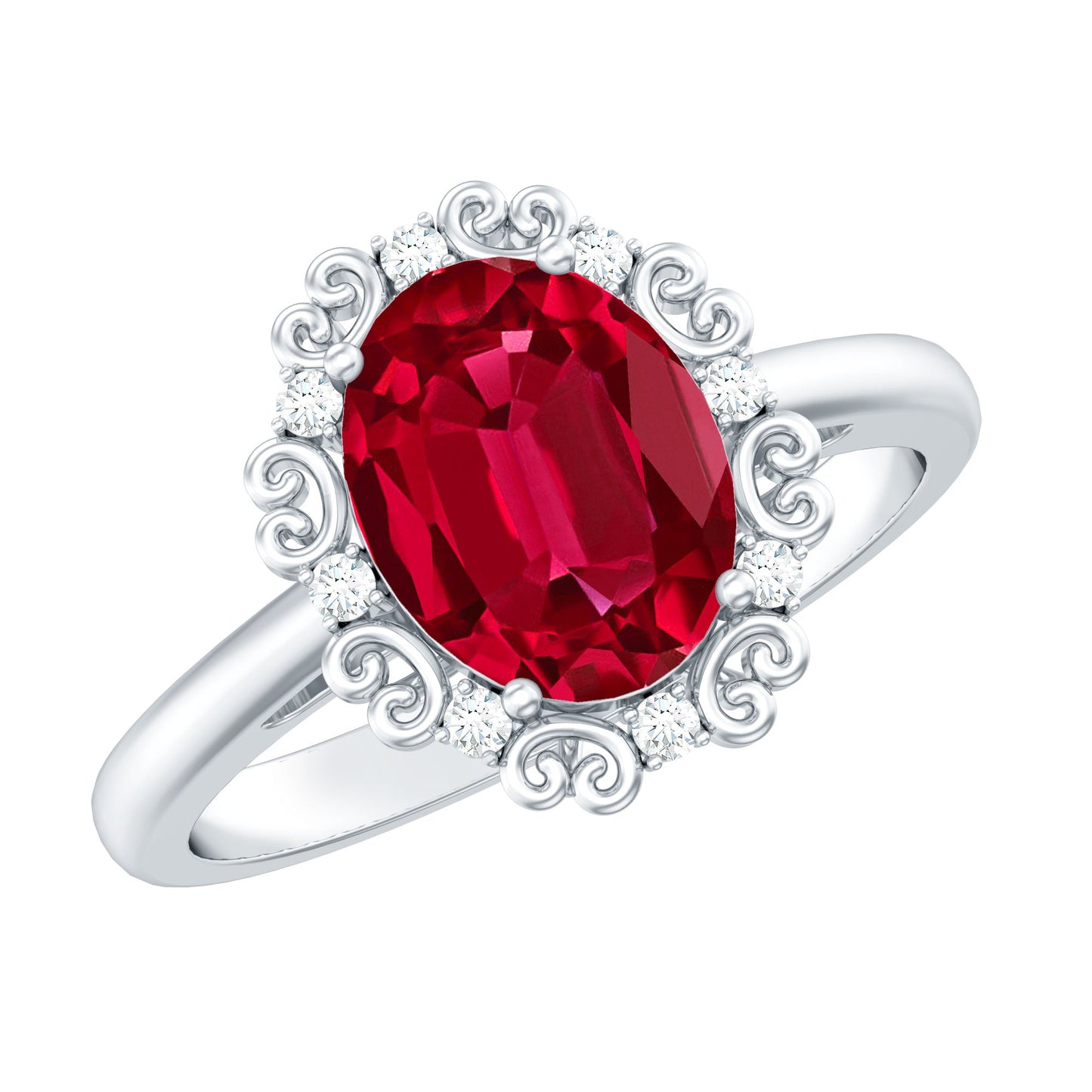 Vintage Style Oval Lab Created Ruby Engagement Ring with Diamonds