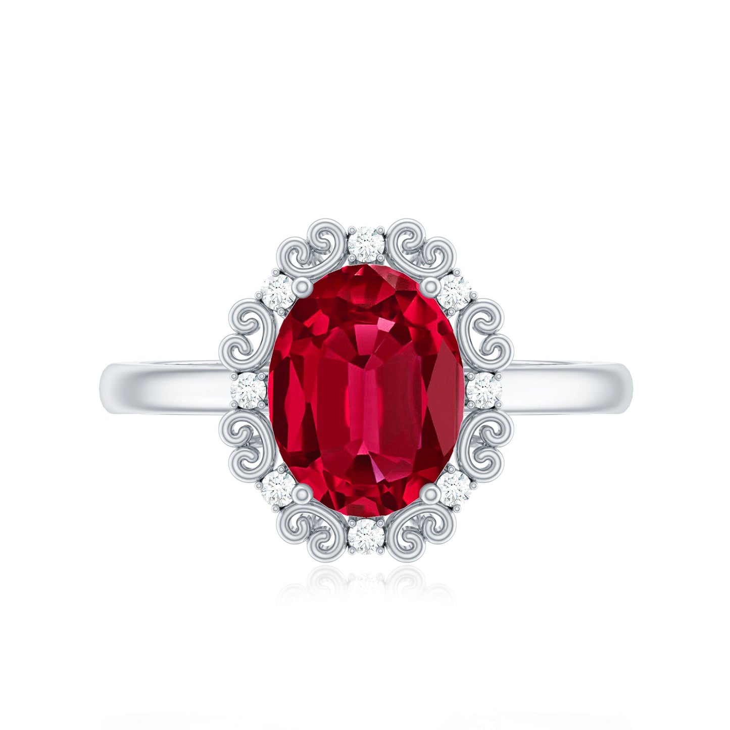 Vintage Style Oval Lab Created Ruby Engagement Ring with Diamonds