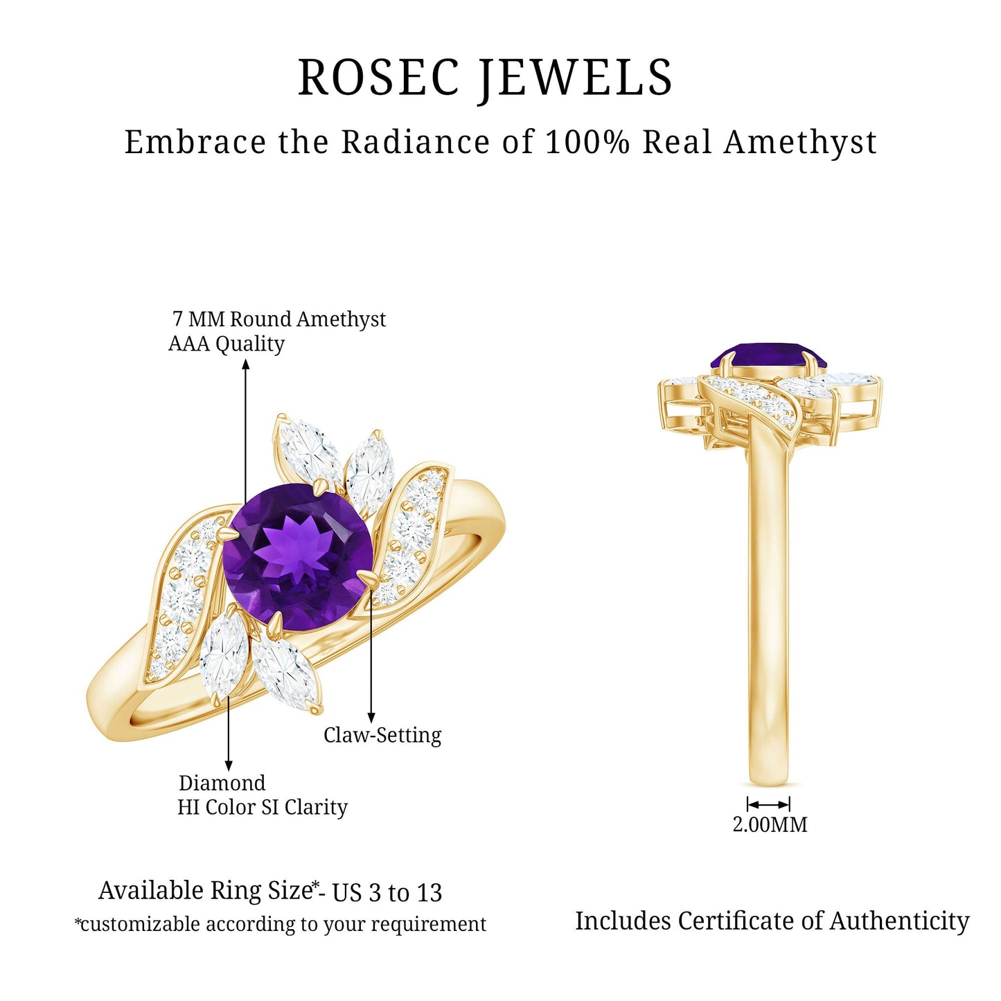 1.2 Carat Nature Inspired Amethyst Engagement Ring with Diamond