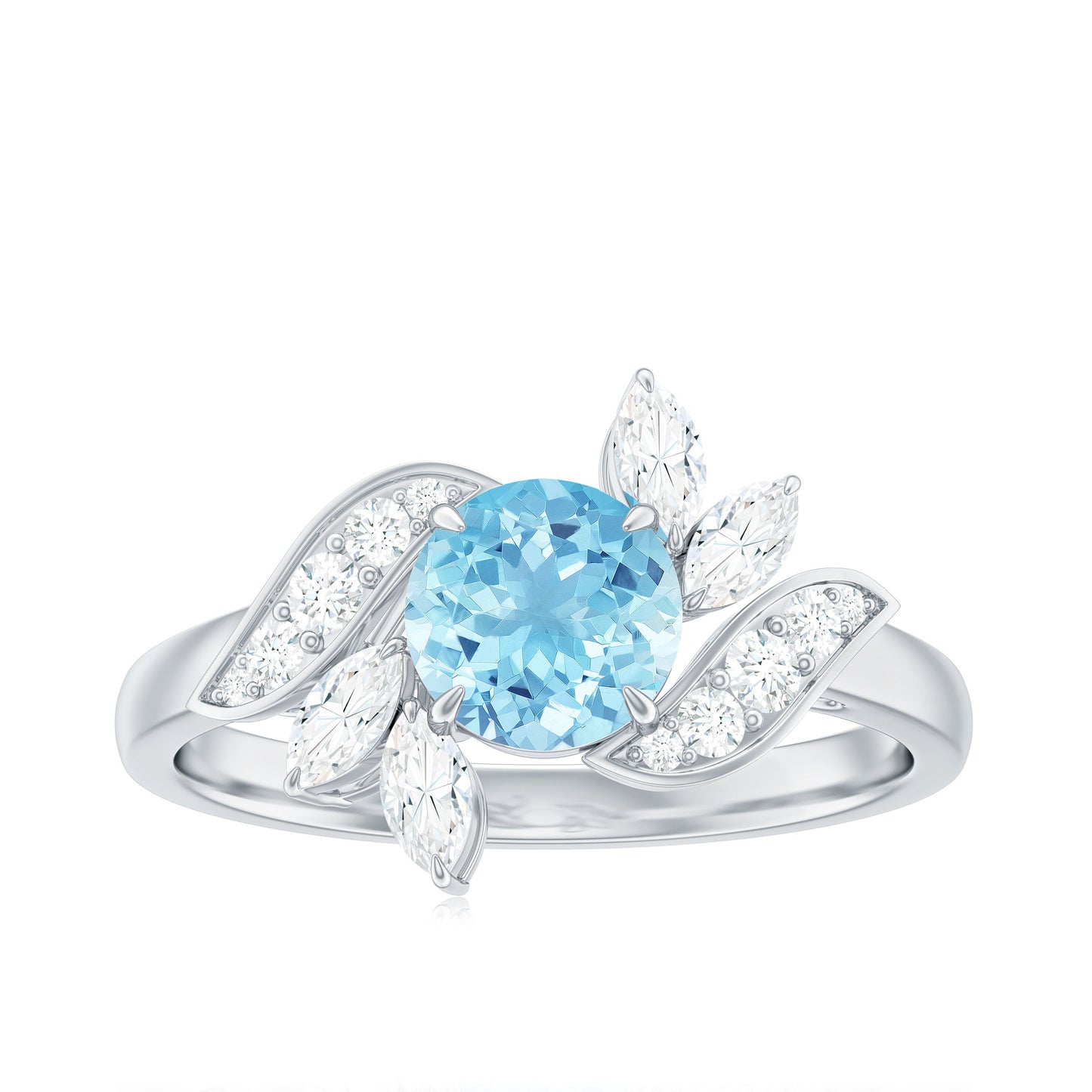 Genuine 0.8 Carat Aquamarine and Diamond Flower Engagement Ring