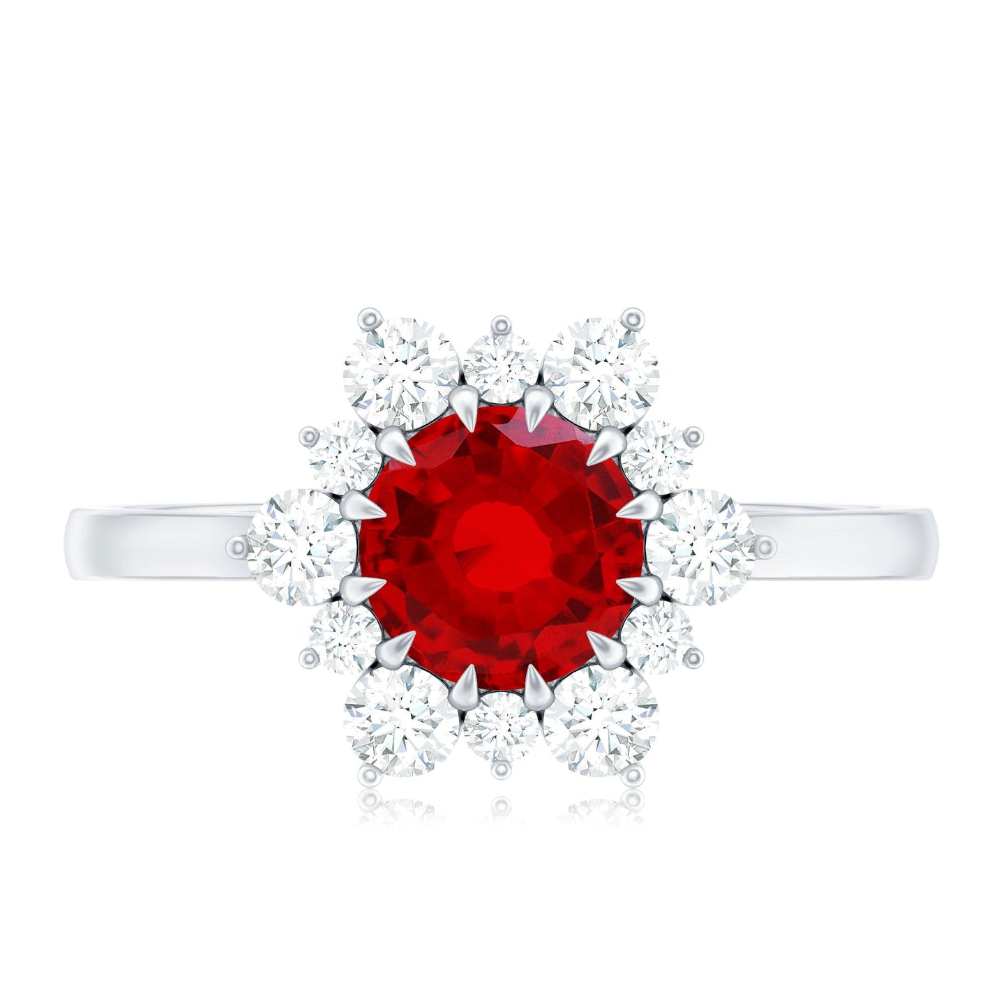 Claw Set Lab Grown Ruby and Diamond Halo Engagement Ring