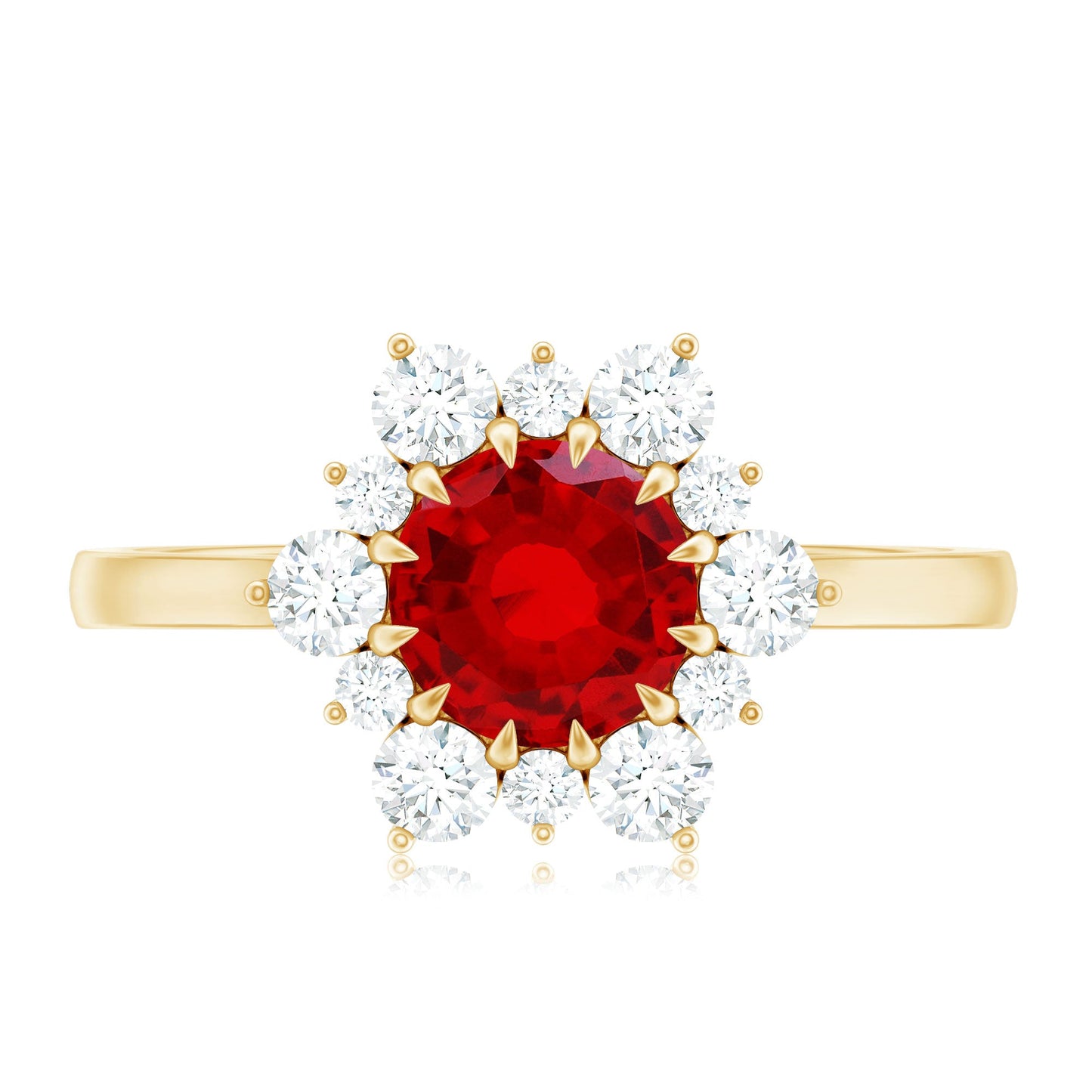 Claw Set Lab Grown Ruby and Diamond Halo Engagement Ring