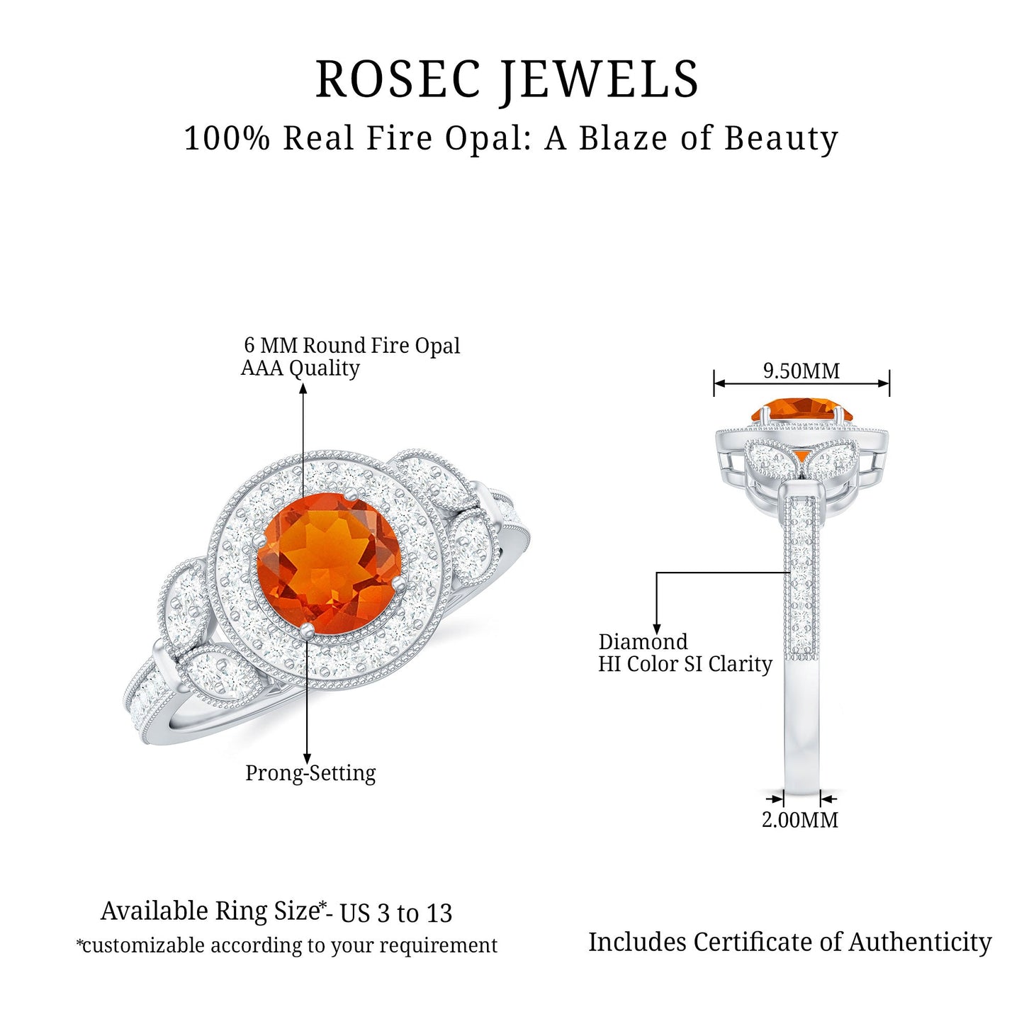Vintage Inspired Fire Opal Engagement Ring with Diamonds