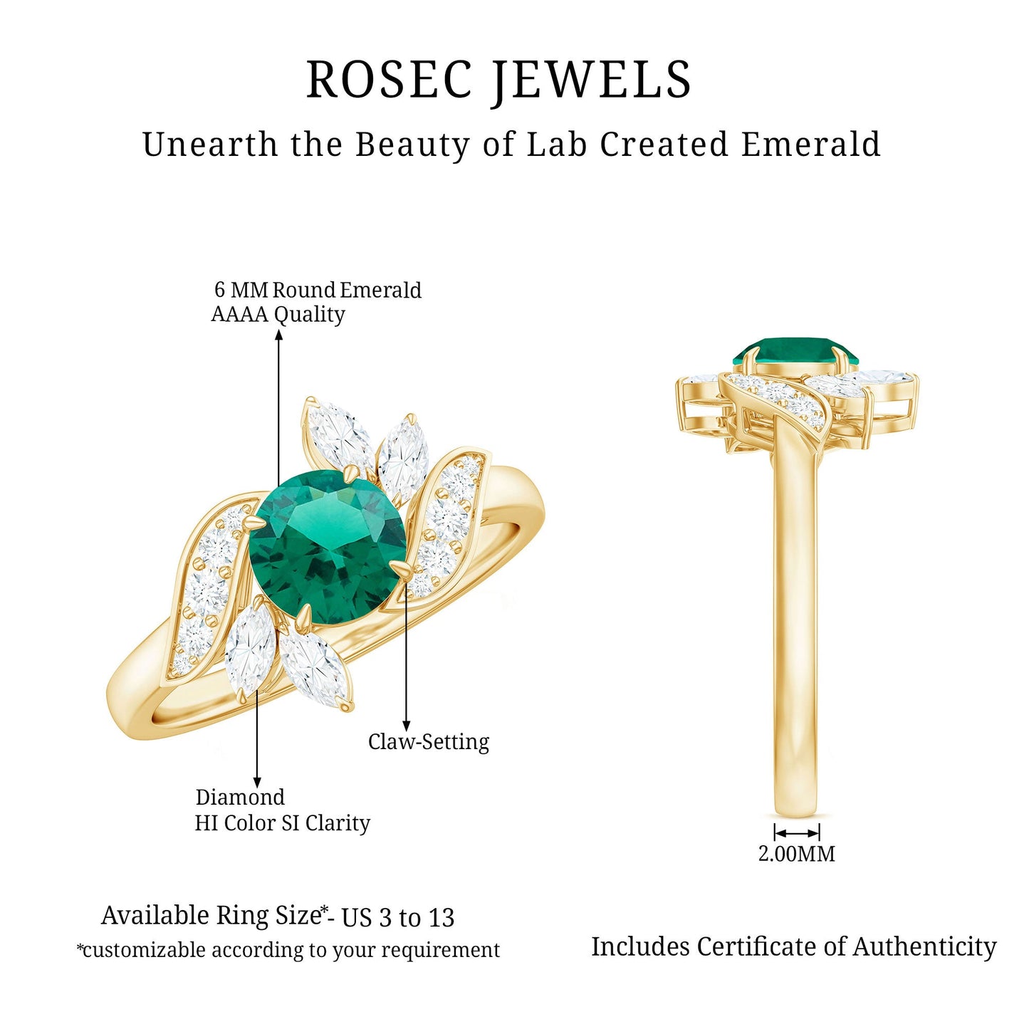 Nature Inspired Lab Grown Emerald Engagement Ring with Diamond