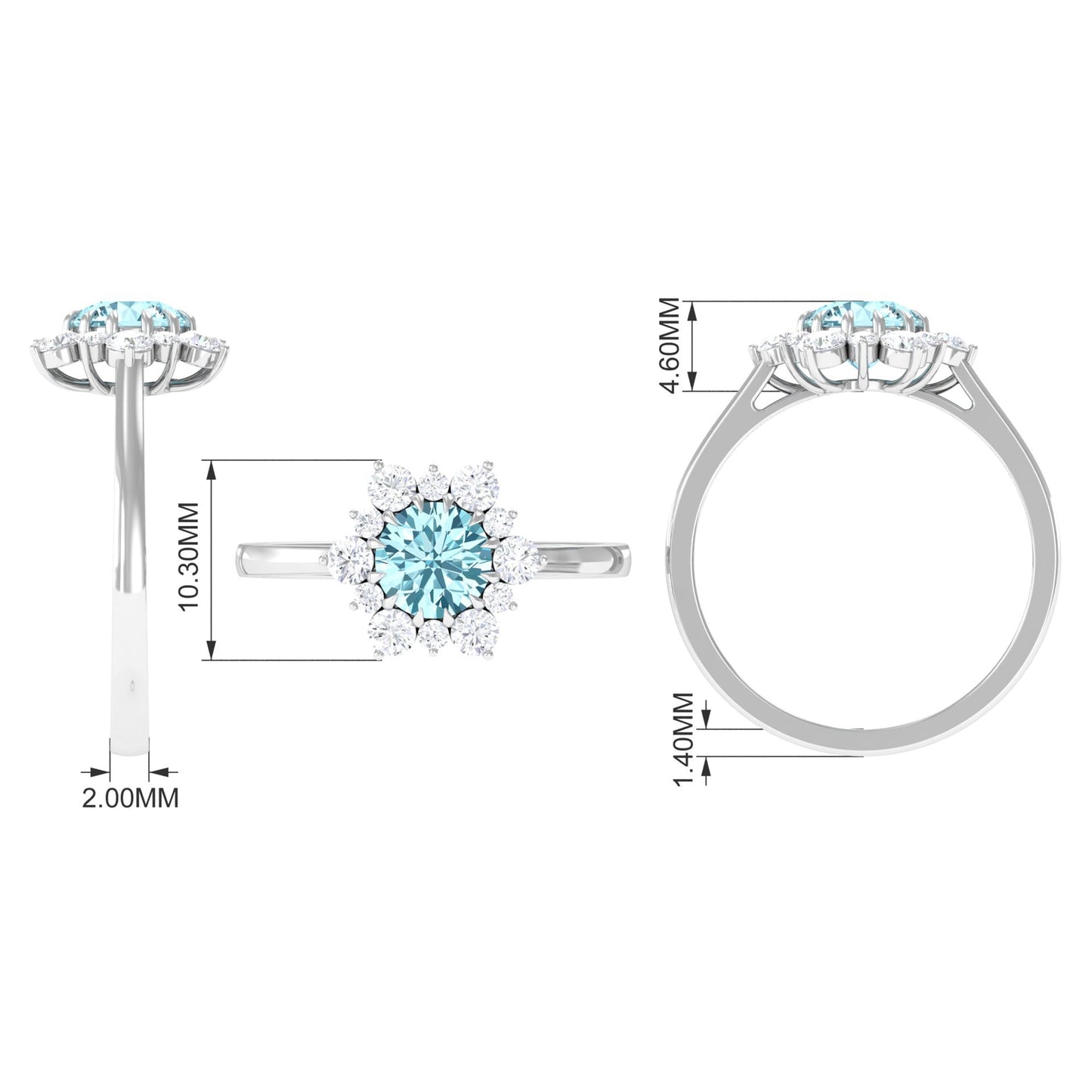Natural 0.8 CT Aquamarine Statement Engagement Ring with Diamond Halo