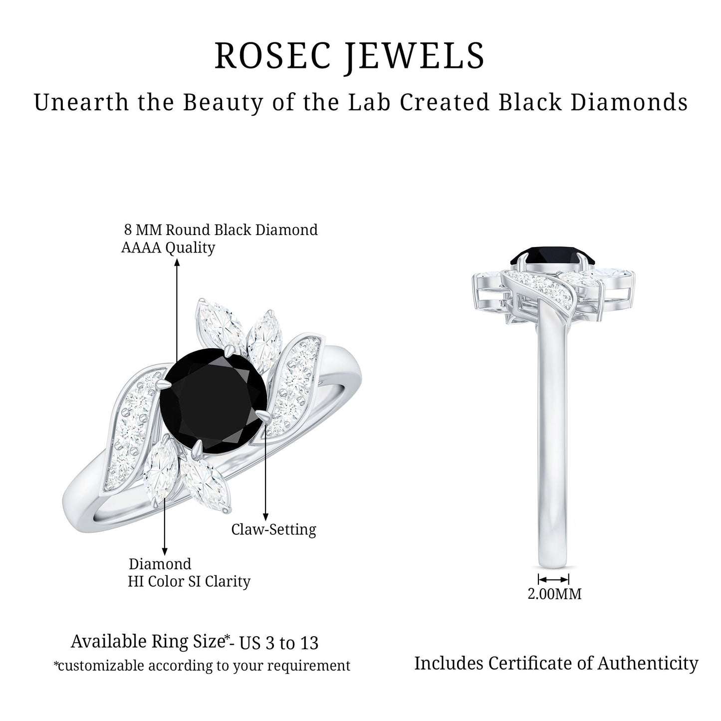 Nature Inspired 2 Carat Lab Grown Black and White Diamond Engagement Ring for Women