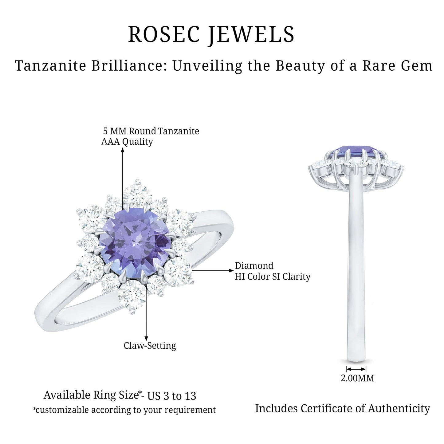 Natural Tanzanite and Diamond Engagement Ring with Claw Setting