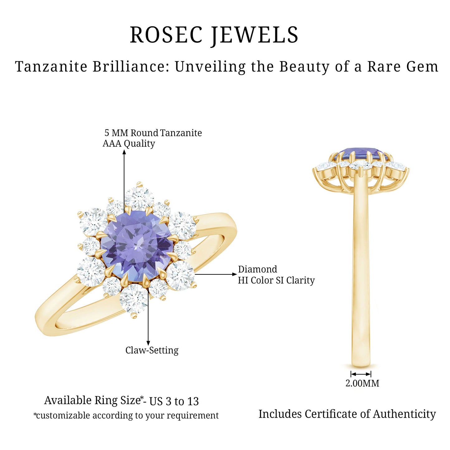Natural Tanzanite and Diamond Engagement Ring with Claw Setting