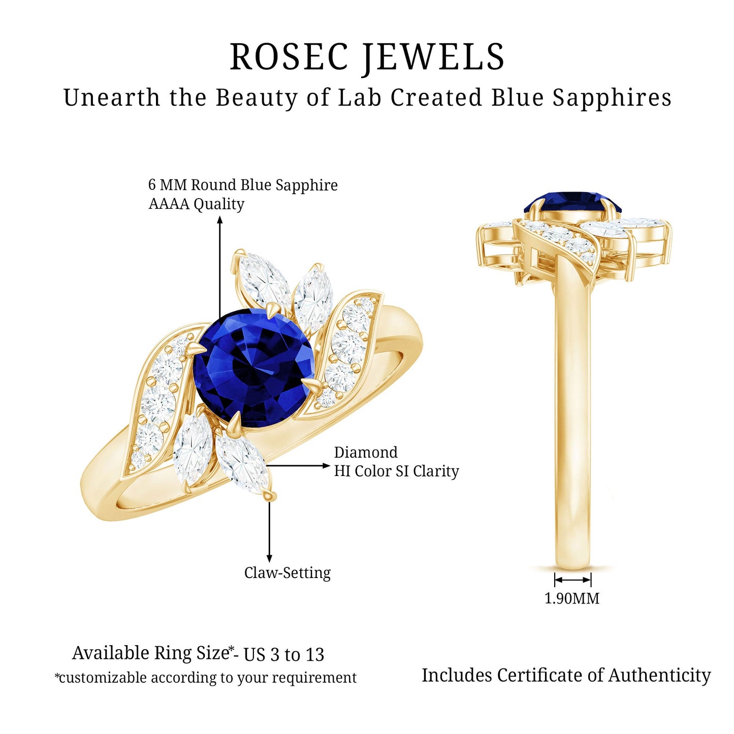Nature Inspired 1 Carat Lab Grown Blue Sapphire Engagement Ring with Diamond