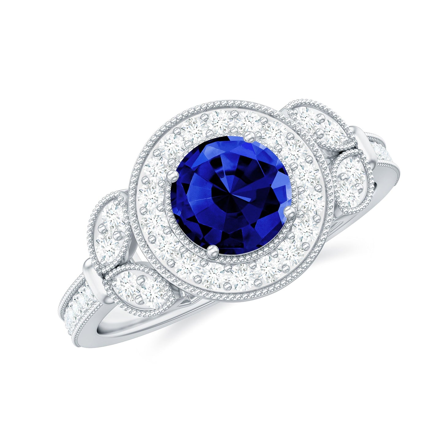 1 Carat Lab Grown Blue Sapphire Engagement Ring with Diamond Floral Halo