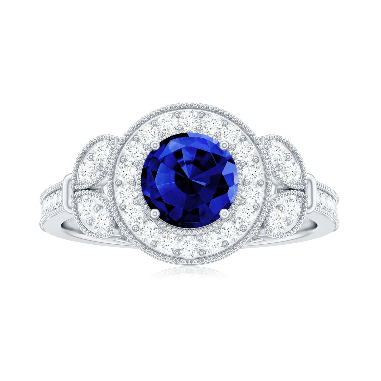 1 Carat Lab Grown Blue Sapphire Engagement Ring with Diamond Floral Halo