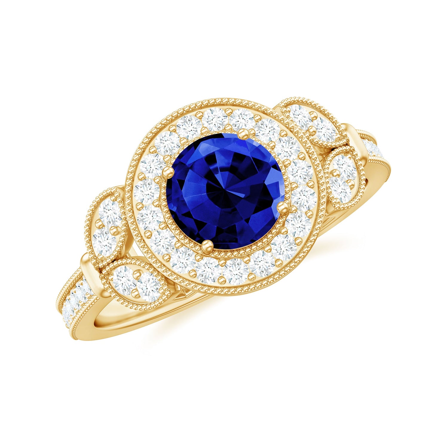 1 Carat Lab Grown Blue Sapphire Engagement Ring with Diamond Floral Halo