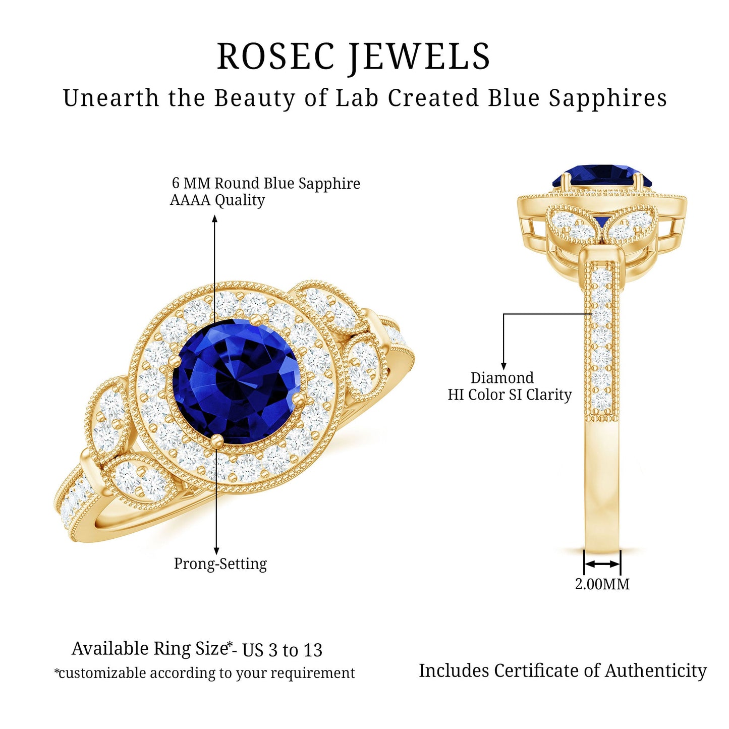 1 Carat Lab Grown Blue Sapphire Engagement Ring with Diamond Floral Halo