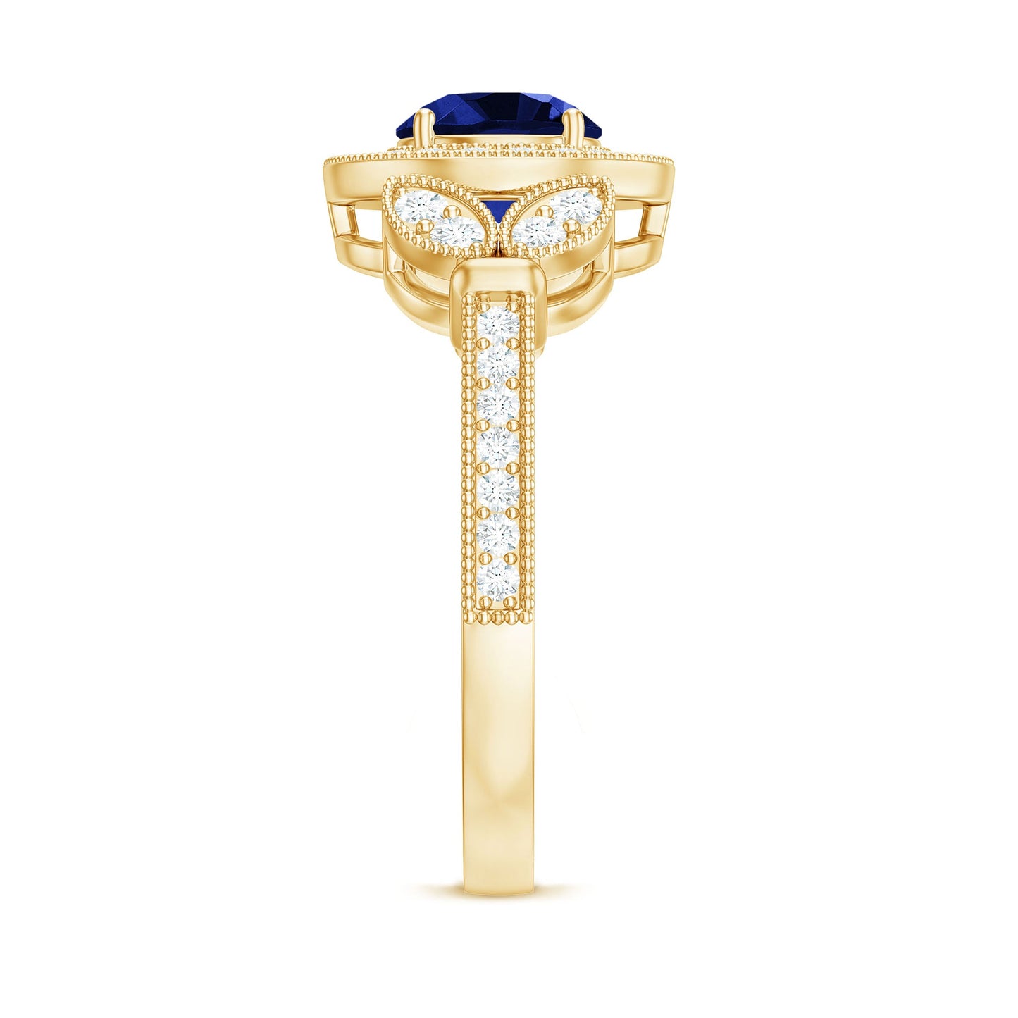 1 Carat Lab Grown Blue Sapphire Engagement Ring with Diamond Floral Halo