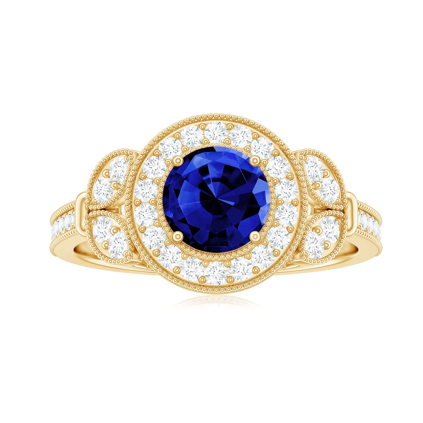 1 Carat Lab Grown Blue Sapphire Engagement Ring with Diamond Floral Halo