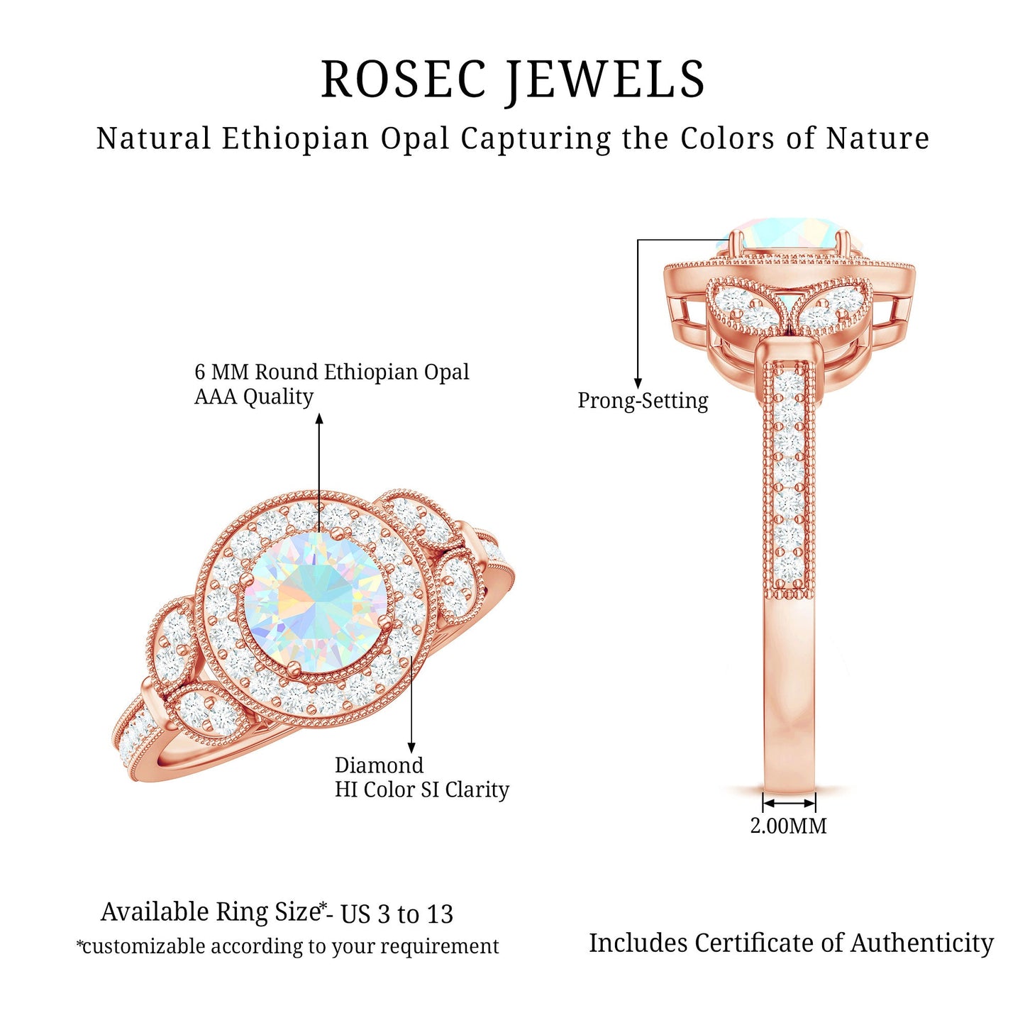 Vintage Inspired Ethiopian Rainbow Opal Engagement Ring with Diamond Halo