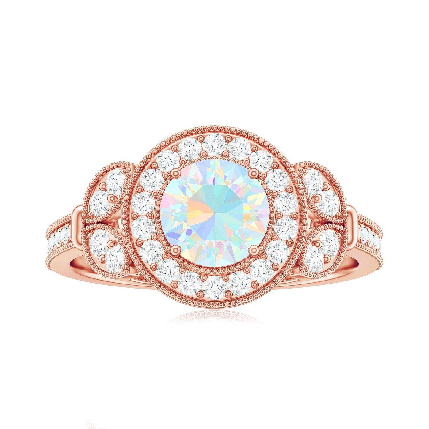Vintage Inspired Ethiopian Rainbow Opal Engagement Ring with Diamond Halo