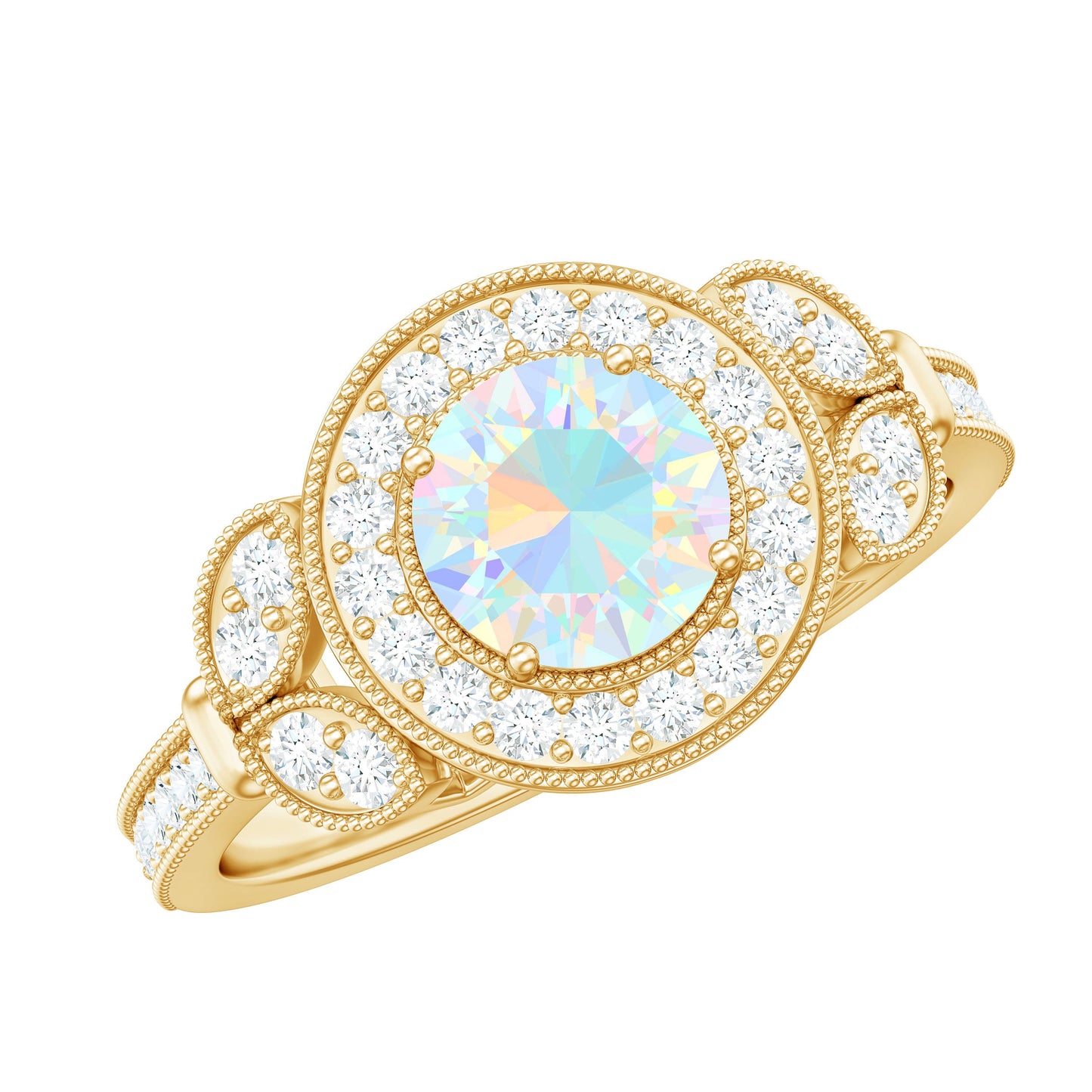 Vintage Inspired Ethiopian Rainbow Opal Engagement Ring with Diamond Halo