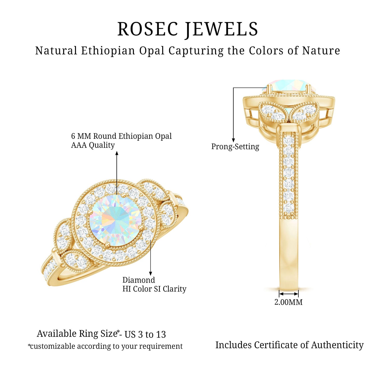 Vintage Inspired Ethiopian Rainbow Opal Engagement Ring with Diamond Halo