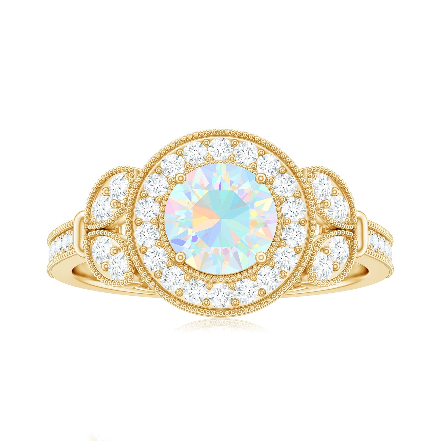 Vintage Inspired Ethiopian Rainbow Opal Engagement Ring with Diamond Halo