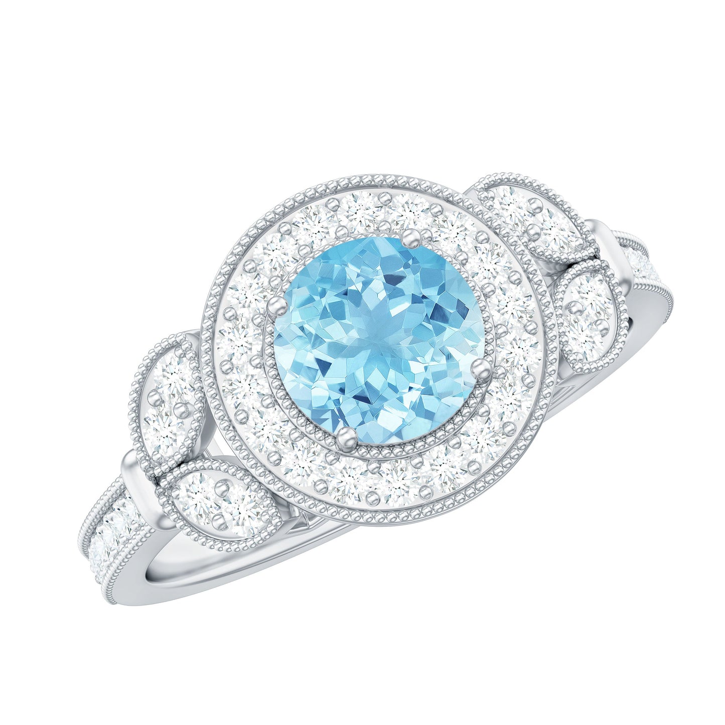 Vintage Inspired Real Aquamarine Engagement Ring with Diamond Halo