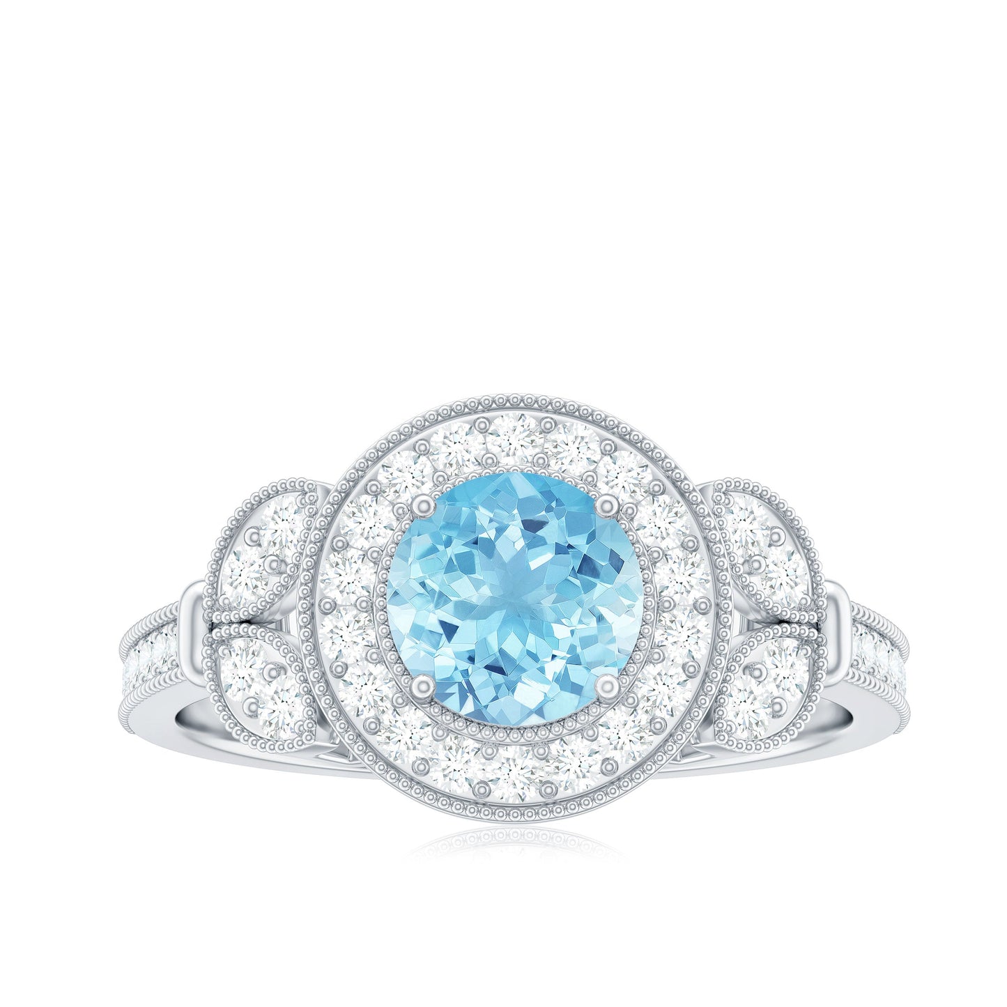 Vintage Inspired Real Aquamarine Engagement Ring with Diamond Halo