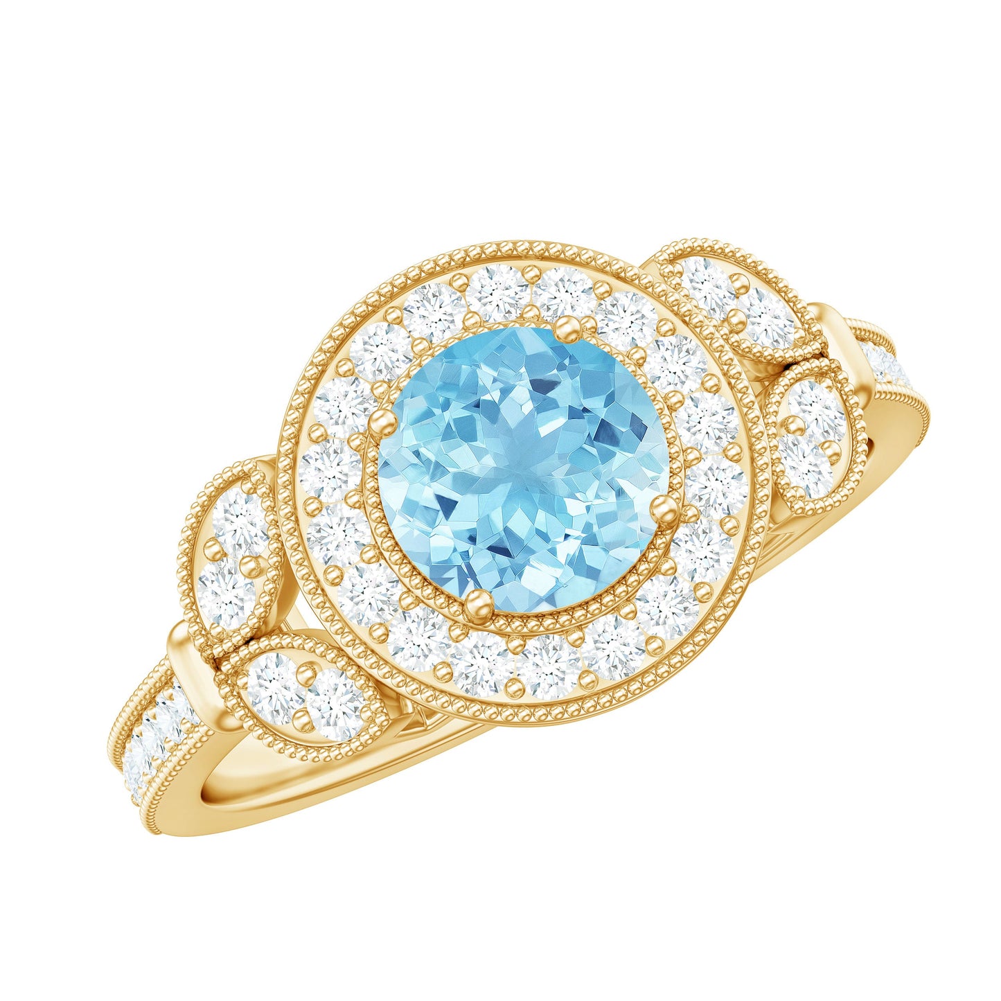 Vintage Inspired Real Aquamarine Engagement Ring with Diamond Halo