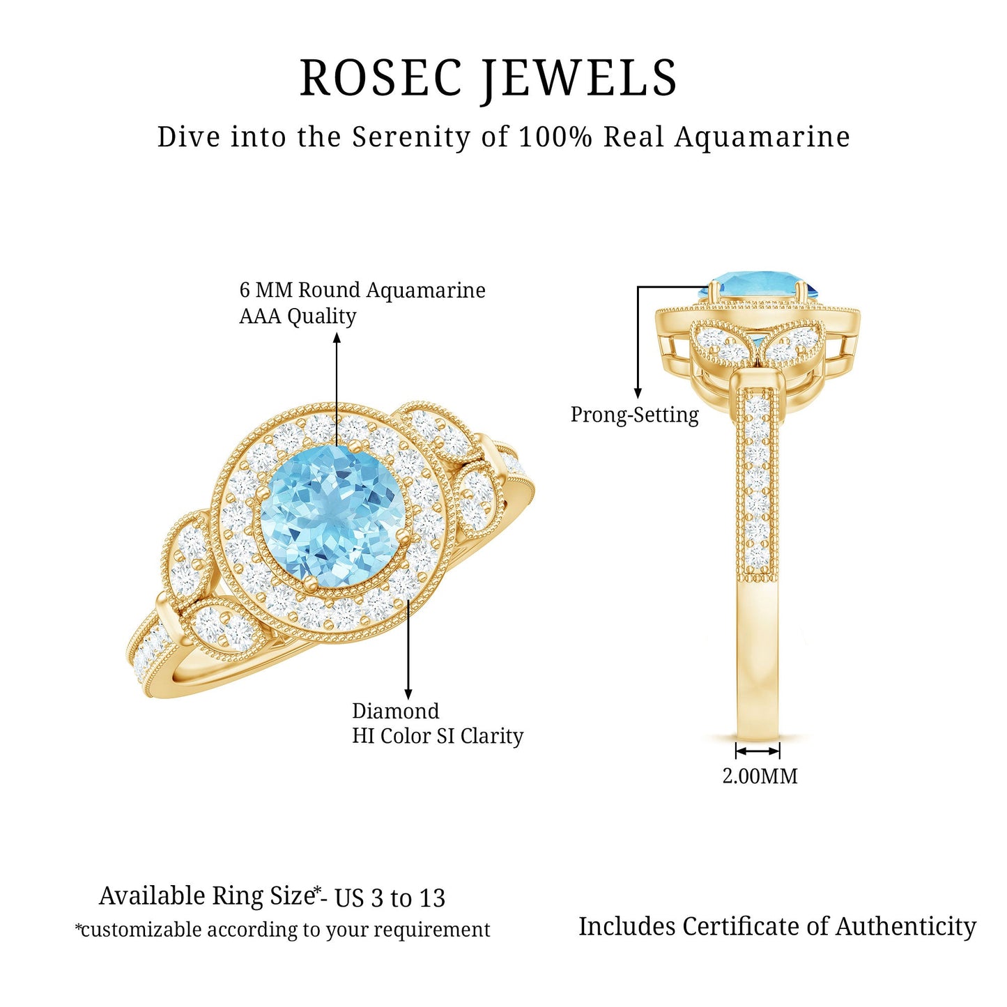 Vintage Inspired Real Aquamarine Engagement Ring with Diamond Halo