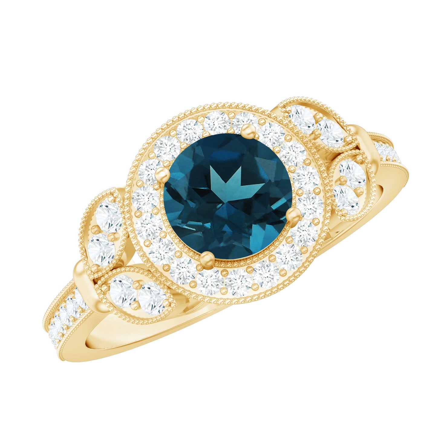 Vintage Inspired London Blue Topaz Engagement Ring with Diamond Halo