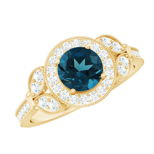 Vintage Inspired London Blue Topaz Engagement Ring with Diamond Halo
