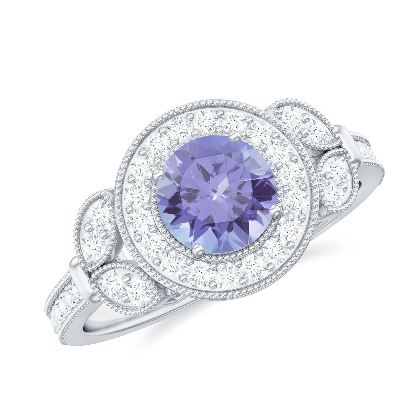 Real Tanzanite Retro Engagement Ring with Diamond Halo