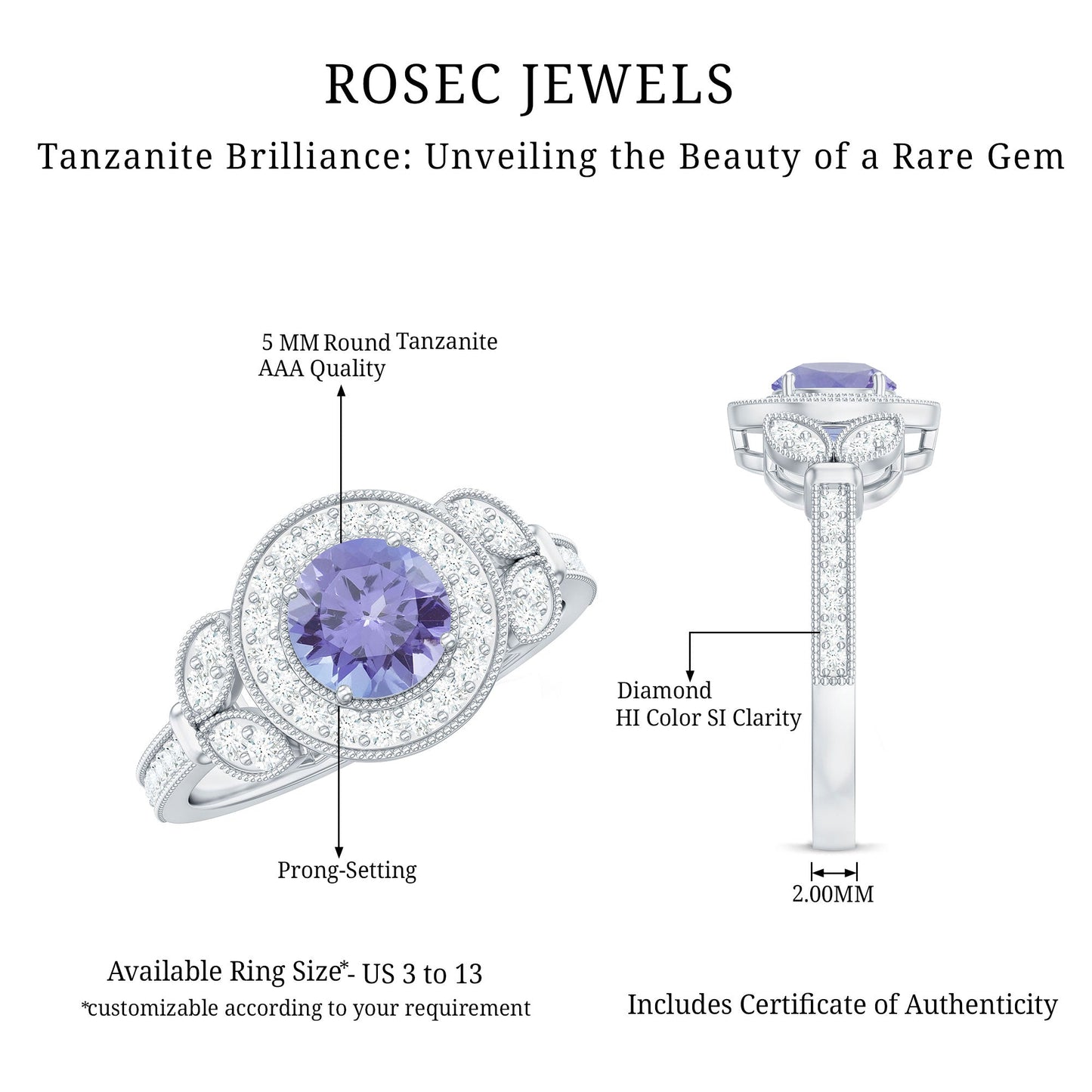 Real Tanzanite Retro Engagement Ring with Diamond Halo