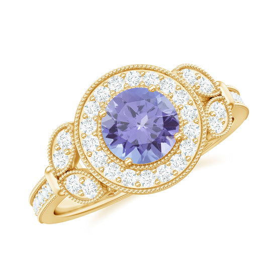 Real Tanzanite Retro Engagement Ring with Diamond Halo